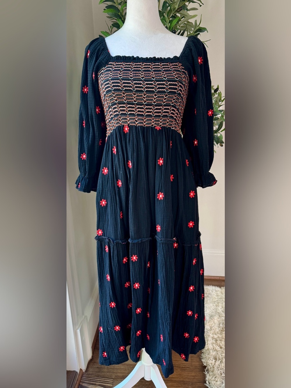 Black Long-Sleeve Maxi Dress with Red Floral Embroidery-Size Medium